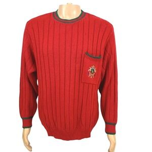 United Colors of Benetton Sweater Mens 46 (L) Wool Blend Red Ribbed Crest Italy